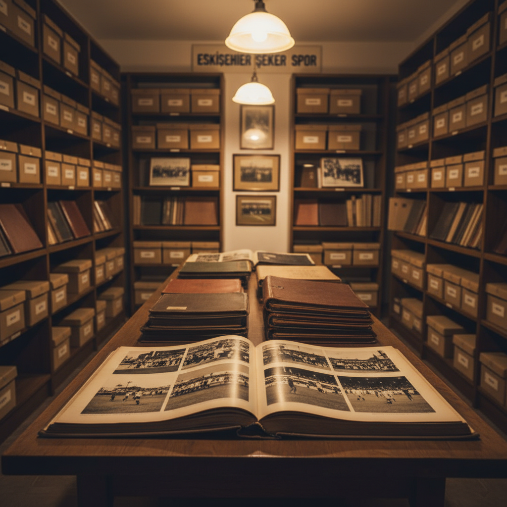 A nostalgic, photographic scene of an archive room dedicated to Eskişehir Şeker Spor’s history, filled with neatly arranged shelves of labeled storage boxes, old leather-bound albums, and framed, faded photographs on the walls, all with any text blurred or omitted. Warm tungsten-style overhead lamps cast a gentle golden glow, creating soft shadows that emphasize textures of aged paper and cardboard. In the center, a large table holds an open album showing historic match scenes and early facilities, captured in sepia tones. Shot from a slightly elevated angle with moderate depth of field, the foreground album is in focus while the shelving recedes into a softer blur. The mood is reflective and reverent, conveying the depth of the club’s legacy and its careful preservation.