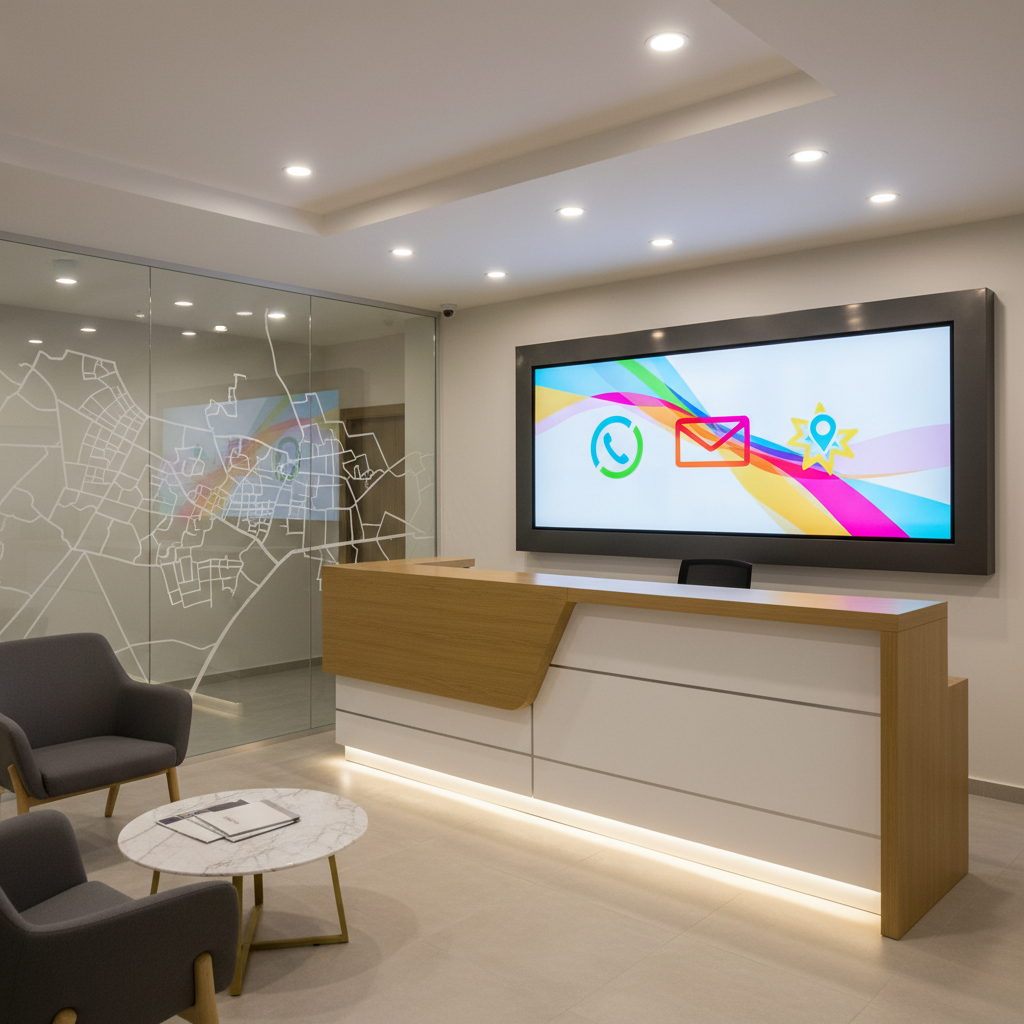 A detailed photographic interior of Eskişehir Şeker Spor’s administrative and information area, with a sleek reception desk made of light wood and white panels, and a large wall-mounted digital-style board behind it displaying colorful abstract icons suggesting phone, email, and map location instead of actual text. Soft, diffused ceiling lights and indirect LED strips along the desk edge create a bright yet calm atmosphere. The composition is framed at eye level with a slightly wide lens, showing also a seating corner with minimalist chairs, a low table featuring brochures with blank covers, and a stylized map of Eskişehir rendered as shapes and lines on a glass wall. The mood is professional, organized, and inviting, emphasizing clear communication and ease of contact.