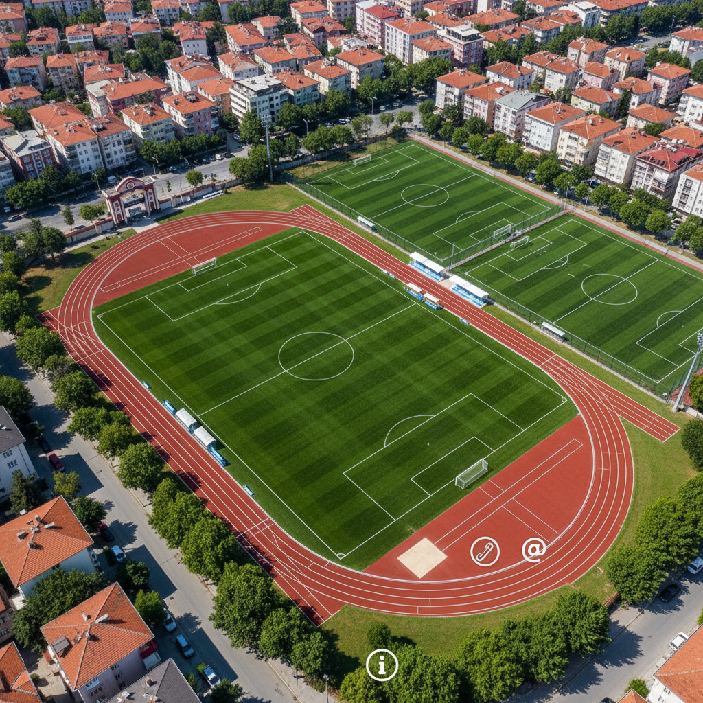 A bright, photographic aerial view of Eskişehir Şeker Spor’s outdoor facilities, featuring a full-sized green football pitch, a surrounding red running track, and adjacent training fields, all bordered by tree-lined streets and tidy urban buildings. Clear midday sunlight reveals crisp field markings and well-maintained turf textures, with empty benches and covered dugouts neatly aligned along the sideline. The camera angle is high and slightly tilted, creating a dynamic yet organized composition that showcases the entire complex and its integration into the city. The mood is energetic and expansive, highlighting both the scale of the club’s infrastructure and its accessibility to the local community. Small, icon-like markers are subtly incorporated near the main gate area to suggest directions and contact information without using text.