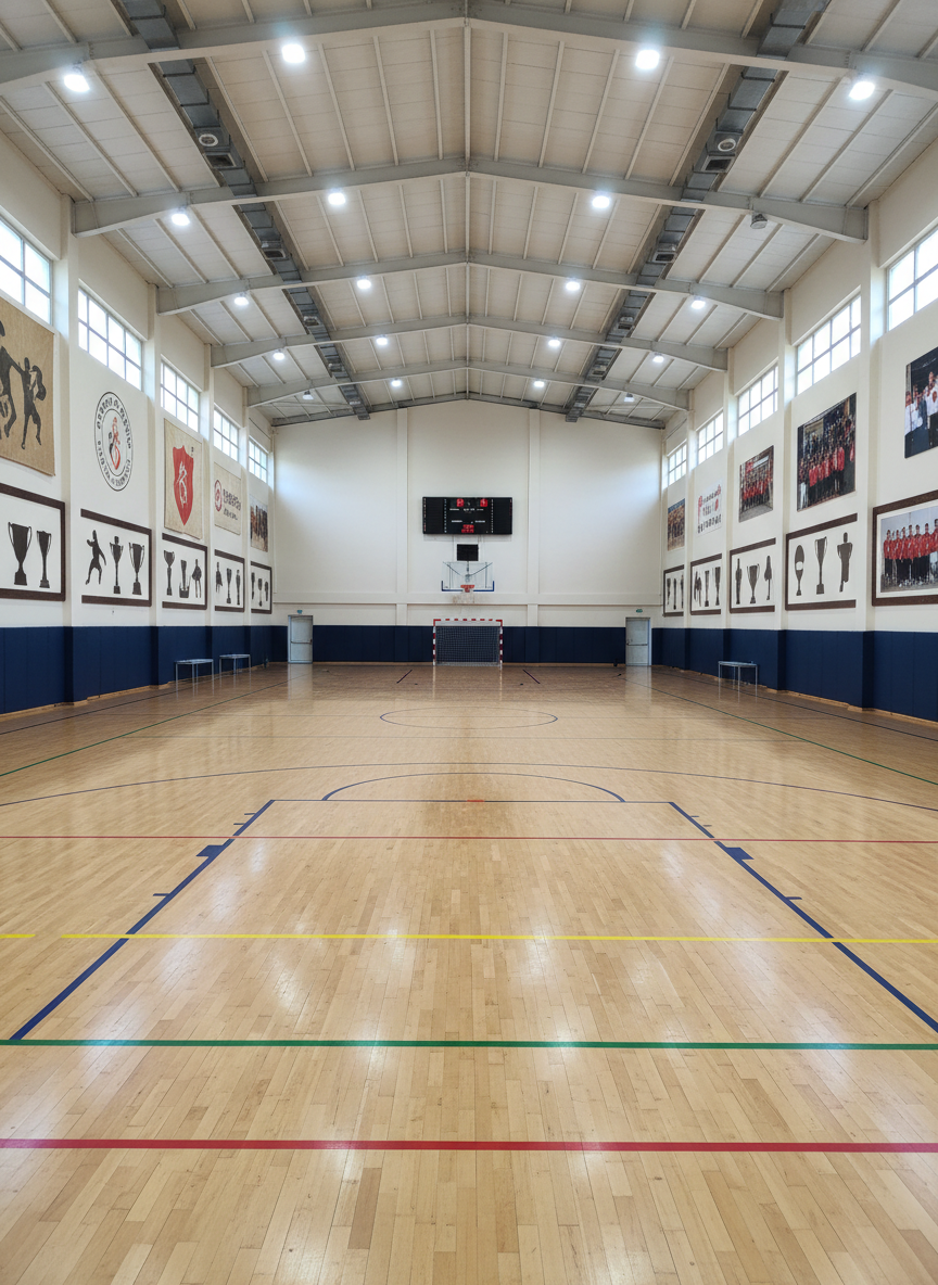 An indoor panoramic photograph of Eskişehir Şeker Spor’s main sports hall, showing a polished wooden court with clearly defined colored lines for multiple sports, gleaming under bright, evenly distributed ceiling lights. The walls display a chronological row of large, text-free banners and framed trophy silhouettes that symbolically represent decades of club history and achievements, arranged from older sepia-toned imagery on one side to vivid, contemporary photos on the other. The camera is positioned slightly elevated at center court, capturing the full length of the hall in sharp focus. The atmosphere feels proud and professional, with a calm, ready-for-competition energy. The composition uses leading lines of the court markings to draw the eye toward a distant, empty goal and scoreboard, reinforcing the club’s legacy and focus on performance.