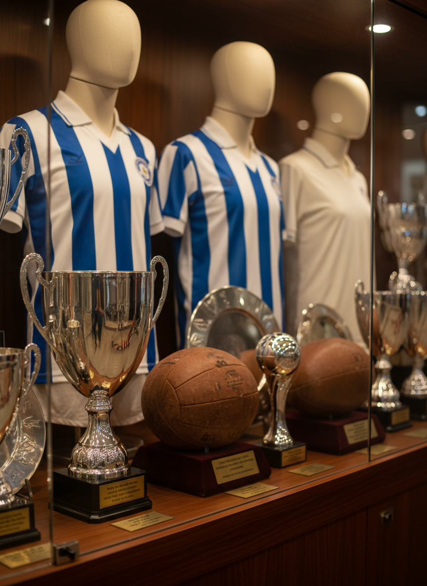 A close-up photographic composition of a glass display case at Eskişehir Şeker Spor, filled with gleaming metallic trophies, engraved plates rendered as abstract reflective surfaces with no readable text, and vintage sports equipment such as worn leather balls and classic jerseys on faceless mannequins. Soft, focused overhead lighting creates delicate highlights on the polished metal and glass edges, casting subtle reflections on the dark wood cabinet. Shot from a slightly low angle with a shallow depth of field, the foreground trophy is in crisp detail while the background awards blur into a warm bokeh. The mood is respectful and historic, emphasizing the club’s achievements and long-standing legacy. The aesthetic is professional and museum-like, with clean lines and a dignified, documentary realism.